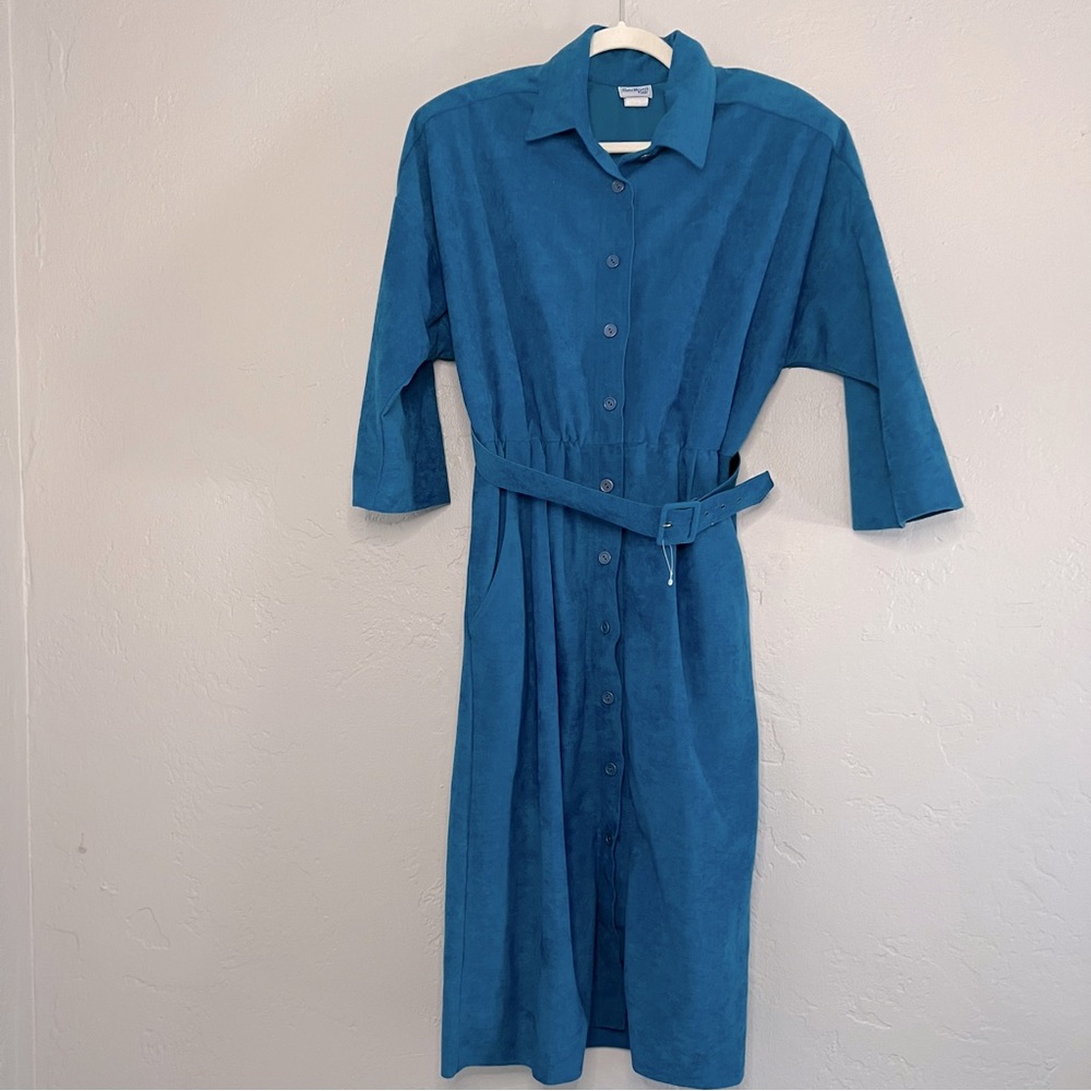Vintage Bedford Fair Blue Belted Button Front Shirt Dress Size 14 Petite